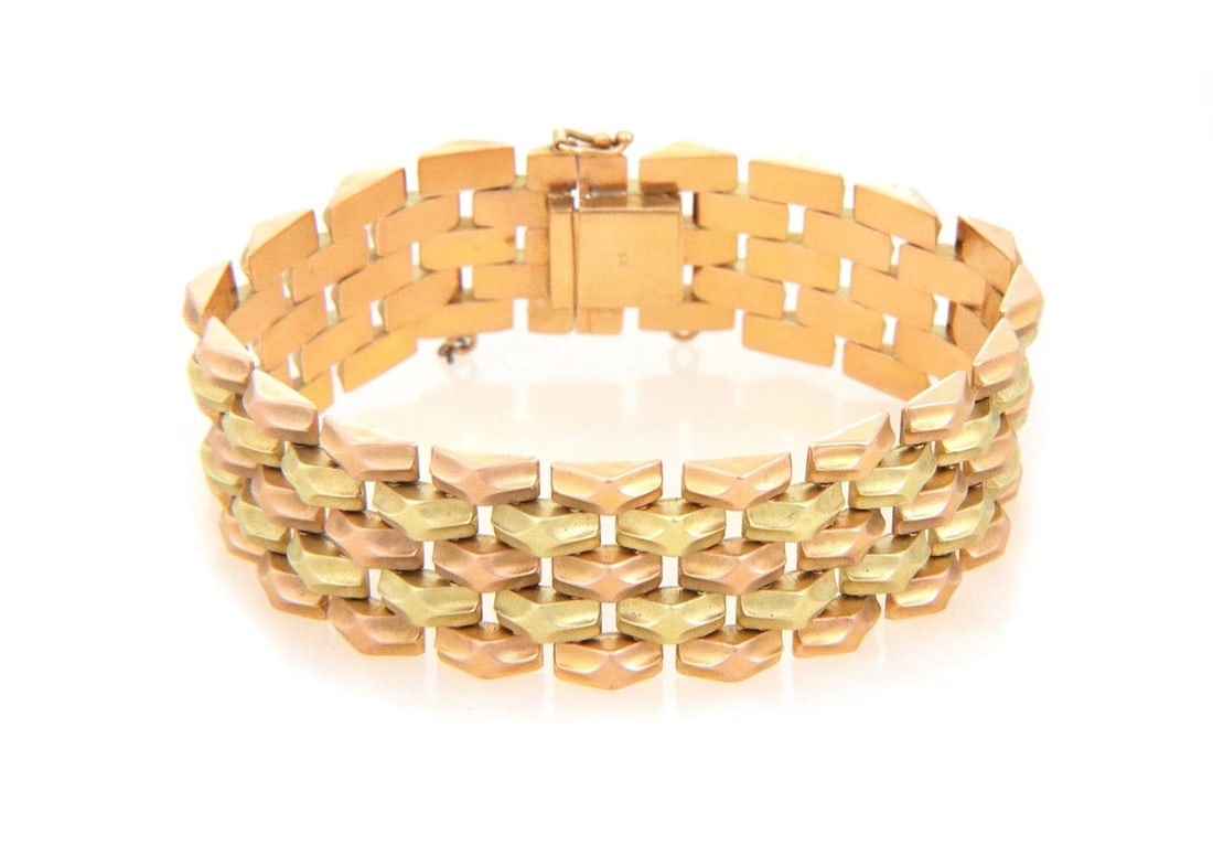 18K YELLOW & ROSE BRACELET 5 ROW FLEX BAR LINK 20MM WIDE RETRO (1 of 1)