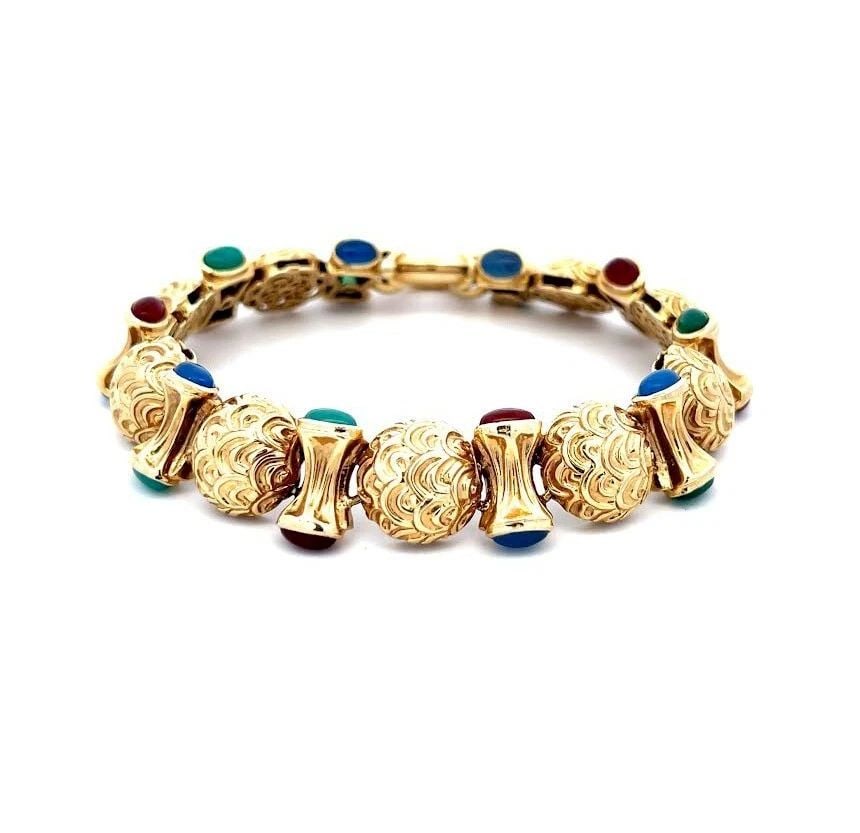 14K MULTICOLOR STONES BRACELET YELLOW GOLD WIDE DOME BUTTON LINK ENGRAVED DESIGN: 14K MULTICOLOR STONES BRACELET YELLOW GOLD WIDE DOME BUTTON LINK ENGRAVED DESIGN 14K MULTICOLOR STONES BRACELET YELLOW GOLD WIDE DOME BUTTON LINK ENGRAVED DESIGN This lovely bracelet is crafted from 1
