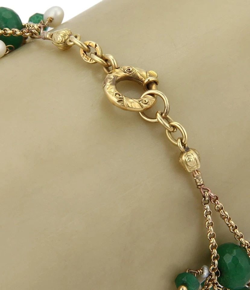 VINTAGE 18K YELLOW GOLD EMERALD & PEARL FANCY BEADED BRACELET: VINTAGE 18K YELLOW GOLD EMERALD & PEARL FANCY BEADED BRACELET VINTAGE 18K YELLOW GOLD EMERALD & PEARL FANCY BEADED BRACELET Vintage 18k Yellow Gold Emerald & Pearls Fancy Beaded Bracelet This beautifu
