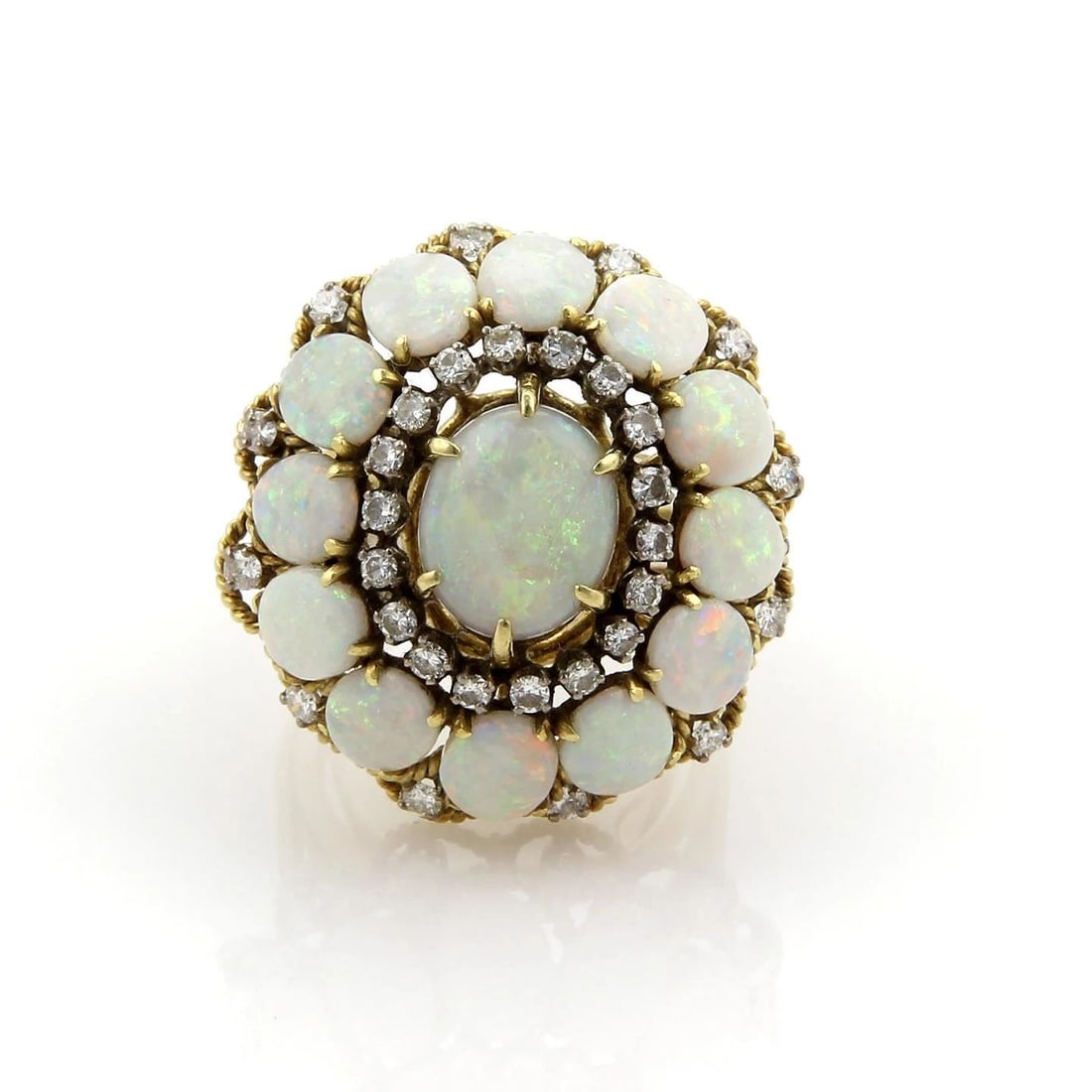 DIAMOND OPAL GOLD RING VINTAGE 18K YELLOW LARGE DOME SHAPE: DIAMOND OPAL GOLD RING VINTAGE 18K YELLOW LARGE DOME SHAPE DIAMOND OPAL GOLD RING VINTAGE 18K YELLOW LARGE DOME SHAPE This vintage 18k yellow gold ring features a large oval-shaped dome top with white