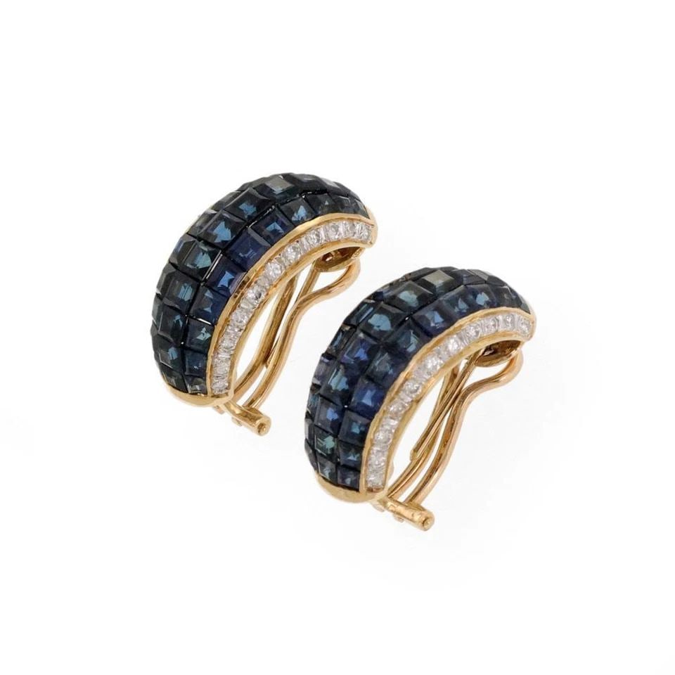 INVISIBLY SET 7.6CT DIAMOND SAPPHIRE 18K YELLOW GOLD DOME HUGGIE EARRINGS: INVISIBLY SET 7.6CT DIAMOND SAPPHIRE 18K YELLOW GOLD DOME HUGGIE EARRINGS INVISIBLY SET 7.6CT DIAMOND SAPPHIRE 18K YELLOW GOLD DOME HUGGIE EARRINGS Invisibly Set 7.6ct Diamond Sapphire 18k Yellow Gold