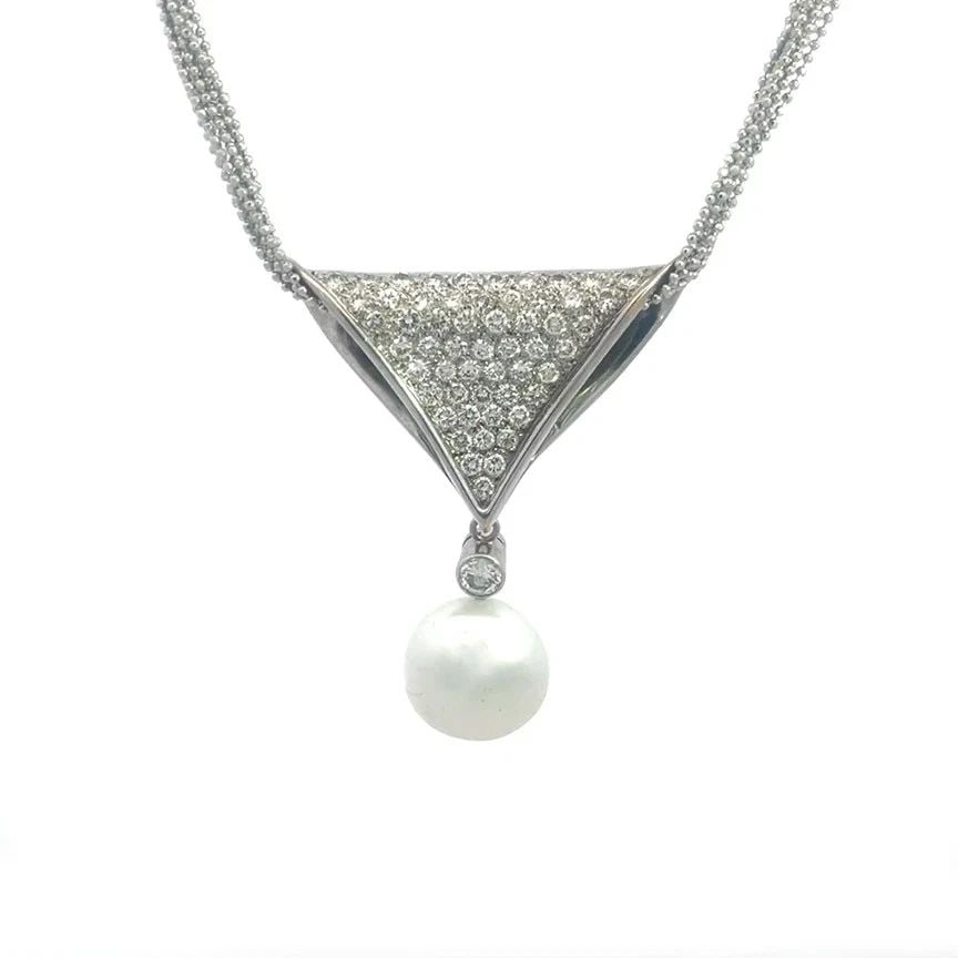 DIAMOND GOLD PEARL NECKLACE 14K WHITE MULTI-CHAIN WIDE DANGLE PENDANT: DIAMOND GOLD PEARL NECKLACE 14K WHITE MULTI-CHAIN WIDE DANGLE PENDANT DIAMOND GOLD PEARL NECKLACE 14K WHITE MULTI-CHAIN WIDE DANGLE PENDANT This gorgeous necklace is a fine jewelry featuring a wide fl