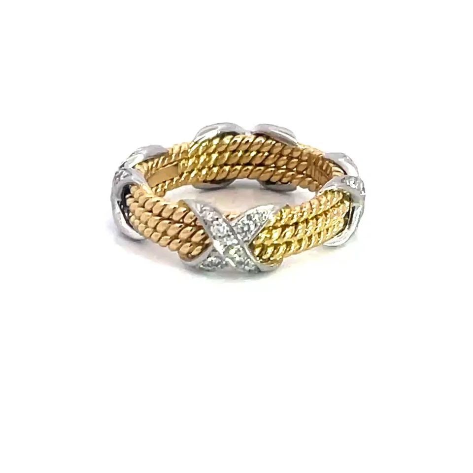 TIFFANY & CO. SCHLUMBERGER DIAMOND GOLD X BAND 18K YELLOW PLATINUM 3 ROW $8400 - 2