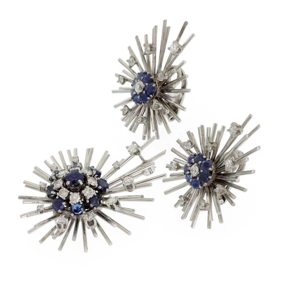 ART DECO 3.8CT DIAMOND SAPPHIRE 14K WHITE GOLD CLIP ON EARRINGS & BROOCH SET: ART DECO 3.8CT DIAMOND SAPPHIRE 14K WHITE GOLD CLIP ON EARRINGS & BROOCH SET ART DECO 3.8CT DIAMOND SAPPHIRE 14K WHITE GOLD CLIP ON EARRINGS & BROOCH SET Art Deco 3.8ct Diamond Sapphire 14k White Gold