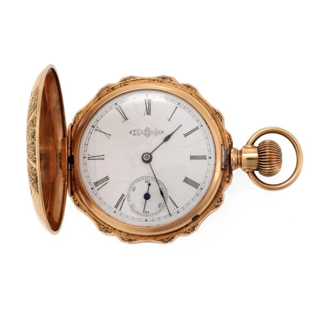 14K POCKET WATCH TRI COLOR GOLD DEER FULL HUNTER HAND WIND C.W MFG.CO (1 of 2)