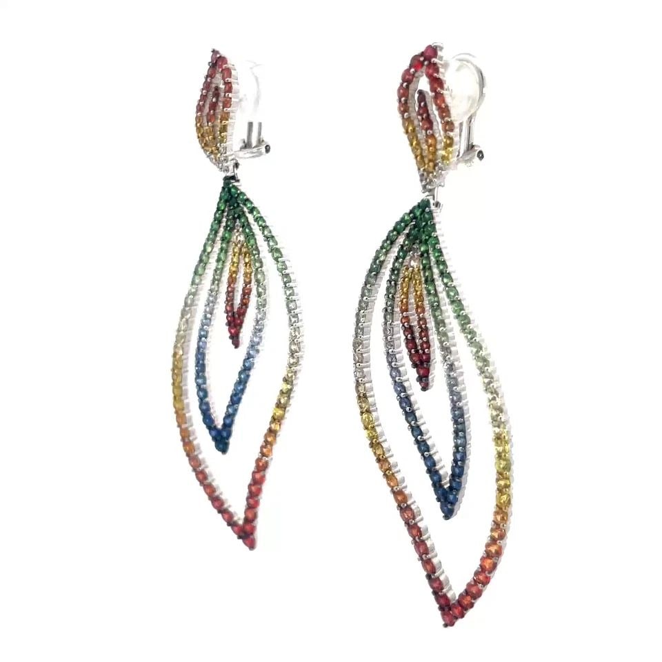 SAPPHIRE GOLD LONG EARRINGS 18K WHITE MULTICOLOR DROP LEAF STYLE: SAPPHIRE GOLD LONG EARRINGS 18K WHITE MULTICOLOR DROP LEAF STYLE SAPPHIRE GOLD LONG EARRINGS 18K WHITE MULTICOLOR DROP LEAF STYLE These gorgeous eye-catching long dangle earrings are crafted from 18k 