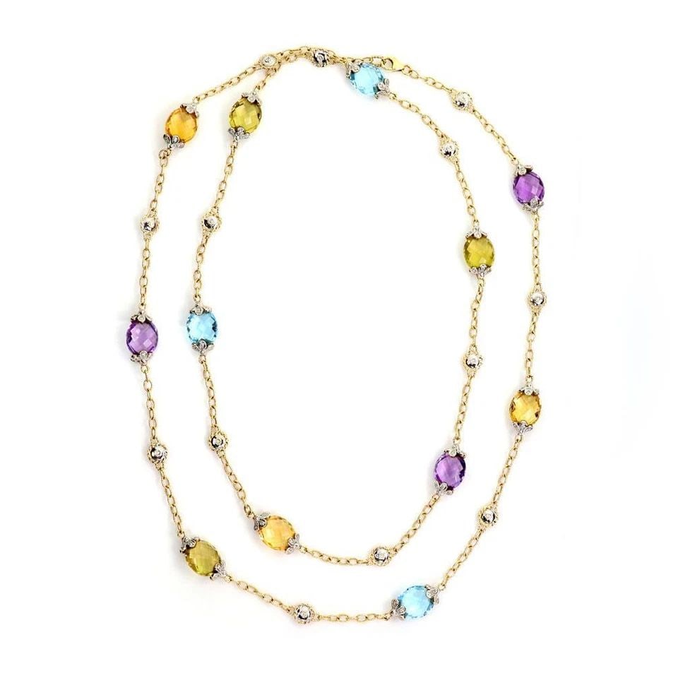 DIAMOND MULTICOLOR GEMS 14K TWO TONE GOLD FLORAL FANCY LINK NECKLACE 37"LONG: DIAMOND MULTICOLOR GEMS 14K TWO TONE GOLD FLORAL FANCY LINK NECKLACE 37"LONG DIAMOND MULTICOLOR GEMS 14K TWO TONE GOLD FLORAL FANCY LINK NECKLACE 37"LONG Diamond Multicolor Gems 14k Two Tone Gold Flor