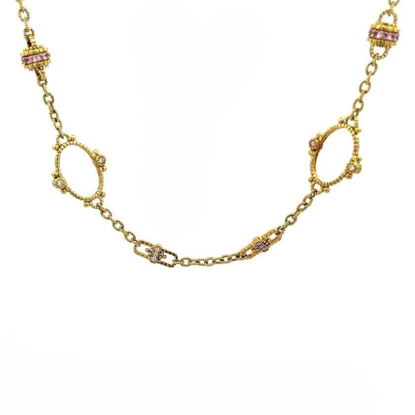JUDITH RIPKA DIAMOND NECKLACE 18K GOLD PINK TOPAZ OVAL MOTIFS: JUDITH RIPKA DIAMOND NECKLACE 18K GOLD PINK TOPAZ OVAL MOTIFS JUDITH RIPKA DIAMOND NECKLACE 18K GOLD PINK TOPAZ OVAL MOTIFS This authentic fashionable textured oval link chain necklace is by Judith Ri