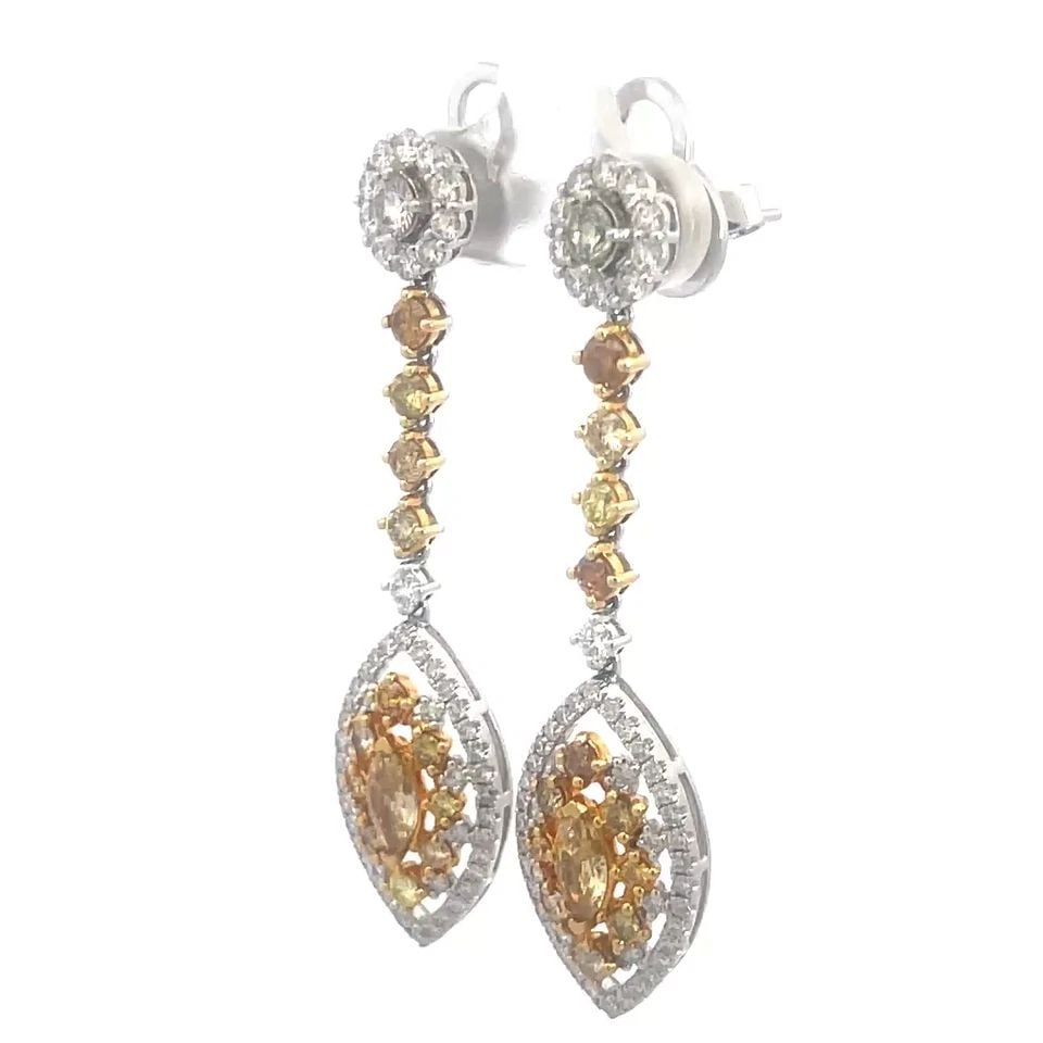DIAMOND YELLOW & WHITE GOLD EARRINGS 17-18K TWO TONE FLORAL DANGLE STYLE (1 of 1)