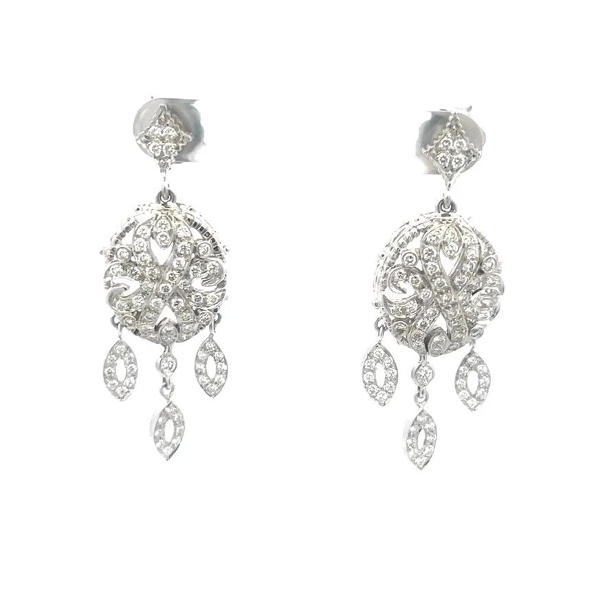DORIS PANOS DIAMOND GOLD EARRINGS 18K WHITE FLORAL DANGLING STYLE: DORIS PANOS DIAMOND GOLD EARRINGS 18K WHITE FLORAL DANGLING STYLE DORIS PANOS DIAMOND GOLD EARRINGS 18K WHITE FLORAL DANGLING STYLE These gorgeous earrings are by designer Doris Panos, it features a d