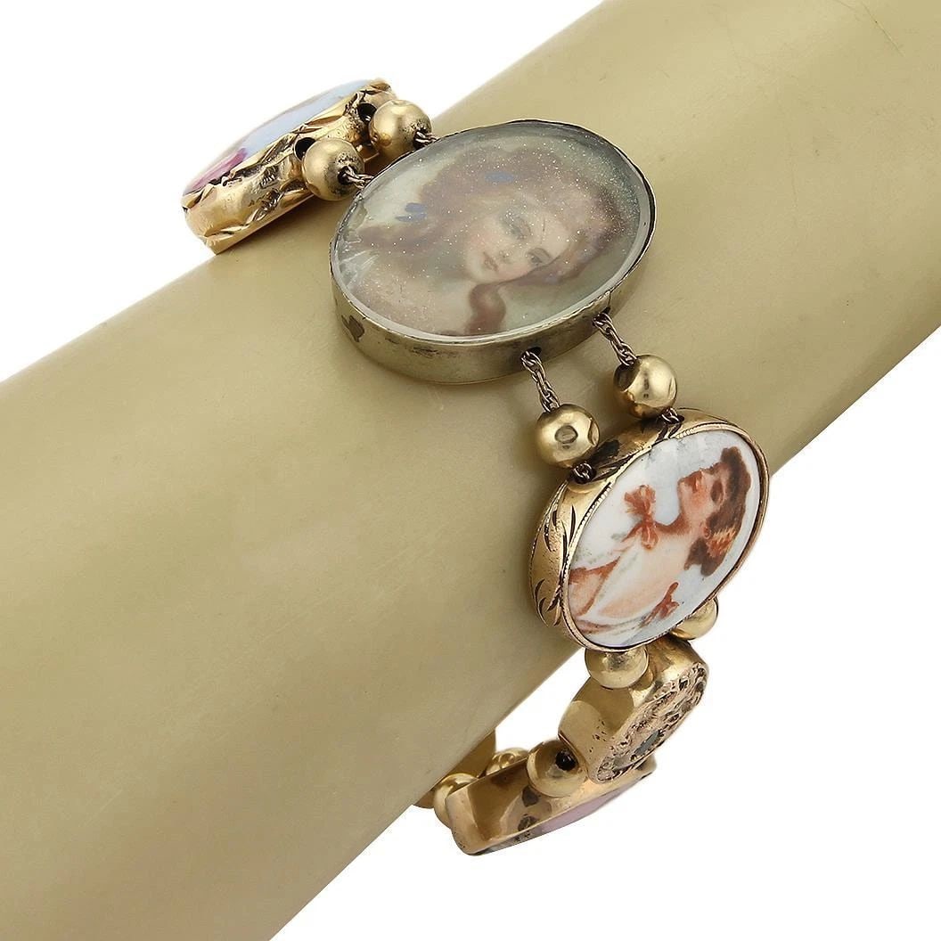 GOLD CAMEO PORCELAIN BRACELET 14K YELLOW HAND PAINTED GEMS WOMEN OVAL SLIDE: GOLD CAMEO PORCELAIN BRACELET 14K YELLOW HAND PAINTED GEMS WOMEN OVAL SLIDE GOLD CAMEO PORCELAIN BRACELET 14K YELLOW HAND PAINTED GEMS WOMEN OVAL SLIDE This is a gorgeous antique bracelet, from the 19