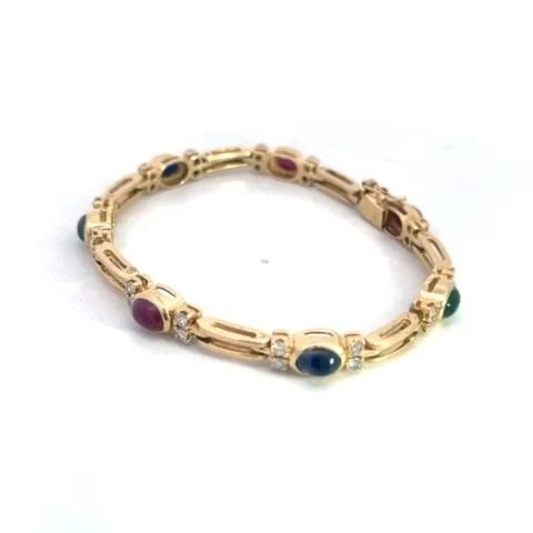 DIAMOND & GEMS GOLD BRACELET 14K YELLOW OVAL LINK RUBY SAPPHIRE ENERALD: DIAMOND & GEMS GOLD BRACELET 14K YELLOW OVAL LINK RUBY SAPPHIRE ENERALD DIAMOND & GEMS GOLD BRACELET 14K YELLOW OVAL LINK RUBY SAPPHIRE ENERALD This is a beautiful diamond and gemstone bracelet, it is