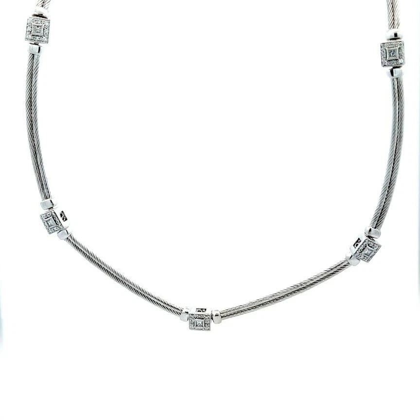 PHILIPPE CHARRIOL DIAMOND 18K WHITE GOLD CUBE MOTIFS DOUBLE CABLE NECKLACE: PHILIPPE CHARRIOL DIAMOND 18K WHITE GOLD CUBE MOTIFS DOUBLE CABLE NECKLACE PHILIPPE CHARRIOL DIAMOND 18K WHITE GOLD CUBE MOTIFS DOUBLE CABLE NECKLACE This lovely authentic collar necklace is by Philip