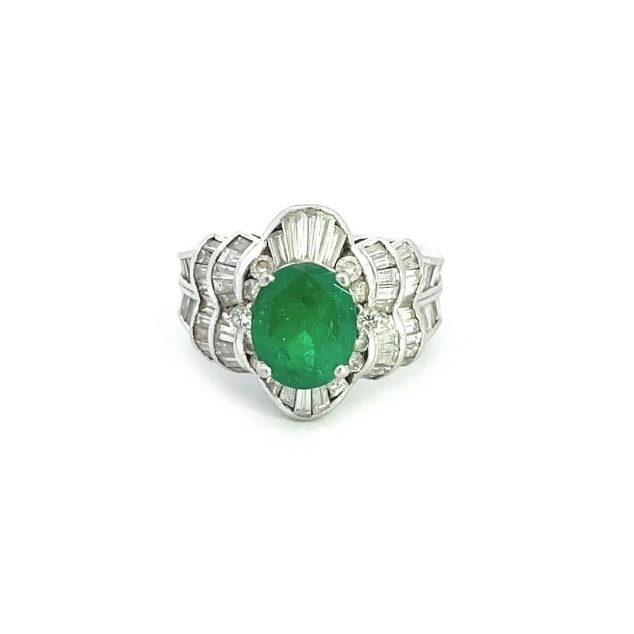 VINTAGE 4CT DIAMOND EMERALD PLATINUM FLORAL COCKTAIL RING SIZE 6: VINTAGE 4CT DIAMOND EMERALD PLATINUM FLORAL COCKTAIL RING SIZE 6 VINTAGE 4CT DIAMOND EMERALD PLATINUM FLORAL COCKTAIL RING SIZE 6 Vintage 4ct Diamond Emerald Platinum Floral Cocktail Ring Size 6 Descr