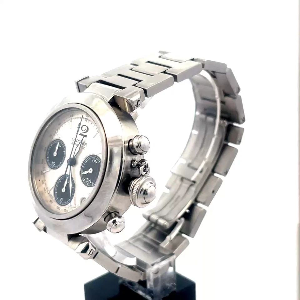 CARTIER PASHA C CHRONOGRAPH WRISTWATCH STEEL SILVER DIAL AUTOMATIC #2412: CARTIER PASHA C CHRONOGRAPH WRISTWATCH STEEL SILVER DIAL AUTOMATIC #2412 CARTIER PASHA C CHRONOGRAPH WRISTWATCH STEEL SILVER DIAL AUTOMATIC #2412 This is an authentic Cartier Pasha C Chronograph Wrist