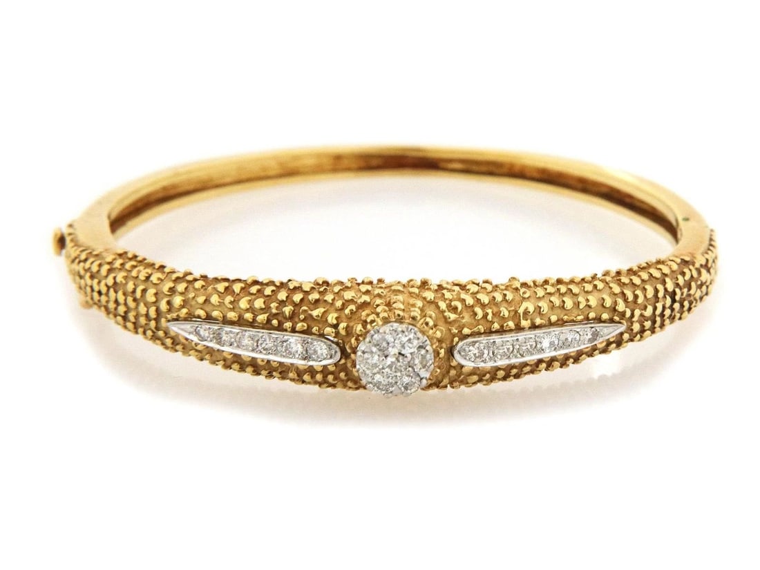 LA TRIOMPHE BRACELET GOLD 18K DIAMOND YELLOW VINTAGE BANGLE FRANCE: LA TRIOMPHE BRACELET GOLD 18K DIAMOND YELLOW VINTAGE BANGLE FRANCE LA TRIOMPHE BRACELET GOLD 18K DIAMOND YELLOW VINTAGE BANGLE FRANCE La Triomphe Diamond 18k Two Tone Gold Textured Hinge Bangle Descri