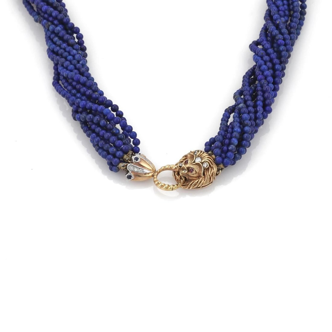 BEAD NECKLACE 14K GOLD DIAMOND LAPIS & GEMSTONES MULTI-STRAND LION VINTAGE (1 of 2)