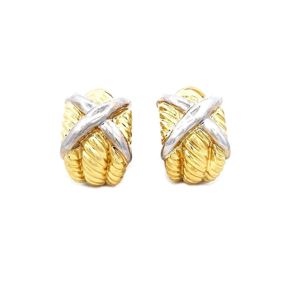 DAVID YURMAN GOLD X HUGGIE EARRINGS 18K TWO TONE TRIPLE CABLE STYLE: DAVID YURMAN GOLD X HUGGIE EARRINGS 18K TWO TONE TRIPLE CABLE STYLE DAVID YURMAN GOLD X HUGGIE EARRINGS 18K TWO TONE TRIPLE CABLE STYLE This is a lovely pair of authentic earrings by David Yurman from