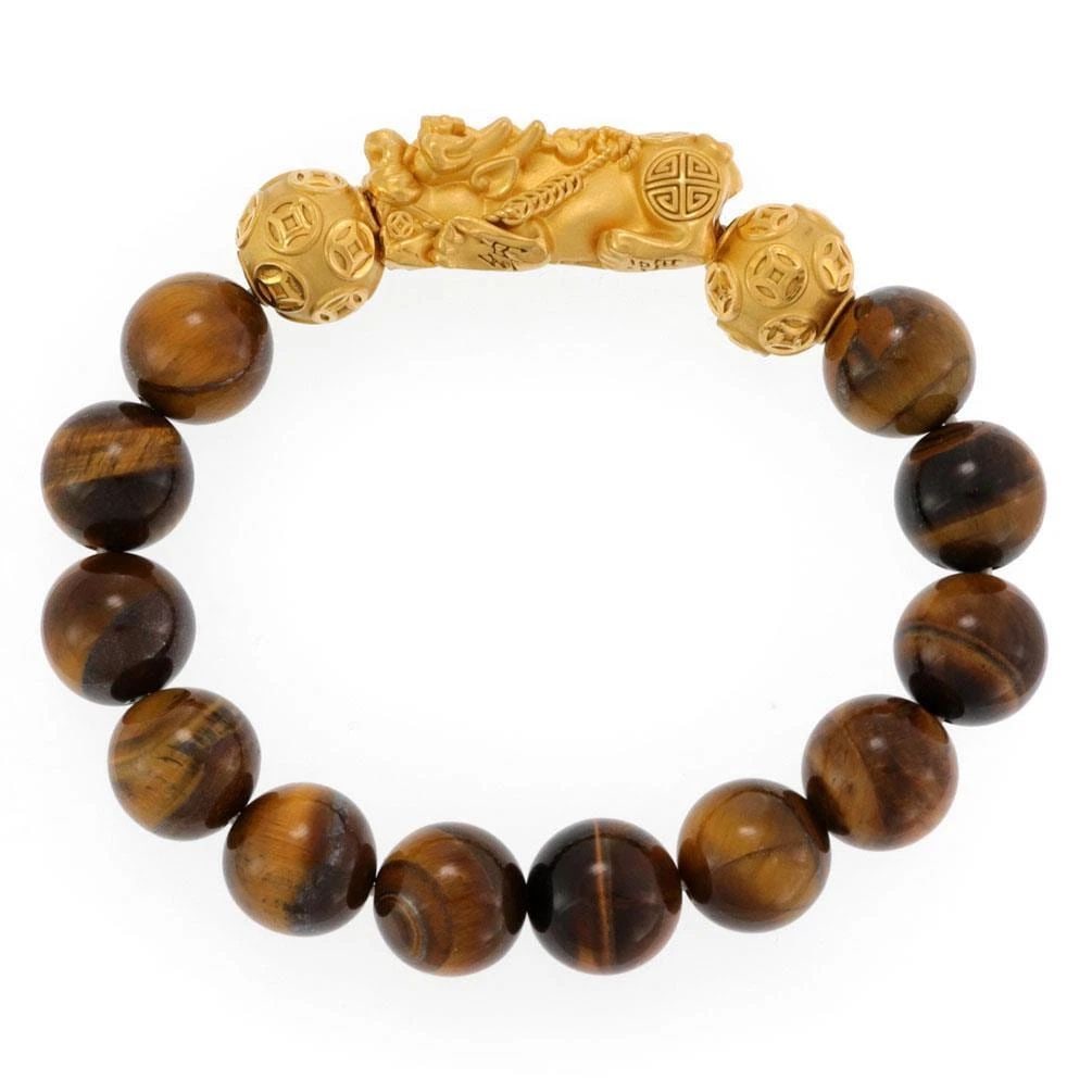 TIGER'S EYE BEAD 24K YELLOW GOLD FOO DOG& BALL CHARM STRETCH BAND BRACELET (1 of 2)