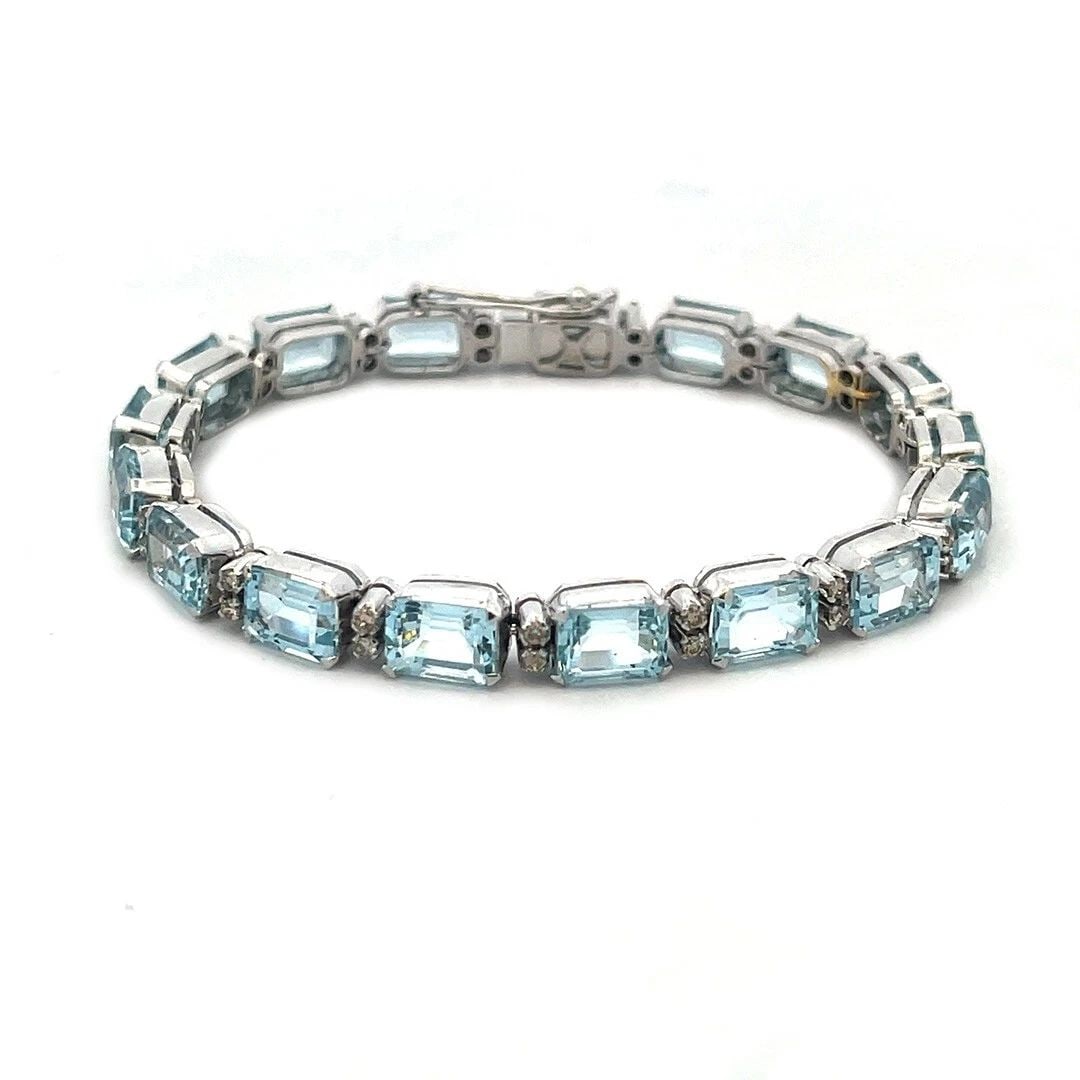 AQUAMARINE DIAMOND GOLD BRACELET 18K WHITE RECTANGLE TENNIS STYLE (1 of 2)