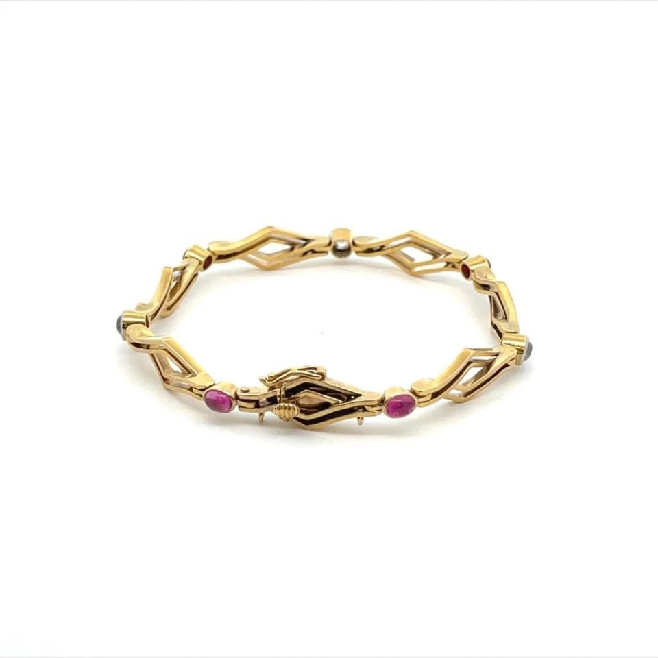 VICTORIAN BRACELET OLD MINE CUT DIAMOND RUBY 18K YELLOW GOLD RHOMBUS LINK: VICTORIAN BRACELET OLD MINE CUT DIAMOND RUBY 18K YELLOW GOLD RHOMBUS LINK VICTORIAN BRACELET OLD MINE CUT DIAMOND RUBY 18K YELLOW GOLD RHOMBUS LINK Victorian Old Mine Cut Diamond Ruby 18k Yellow Gold 