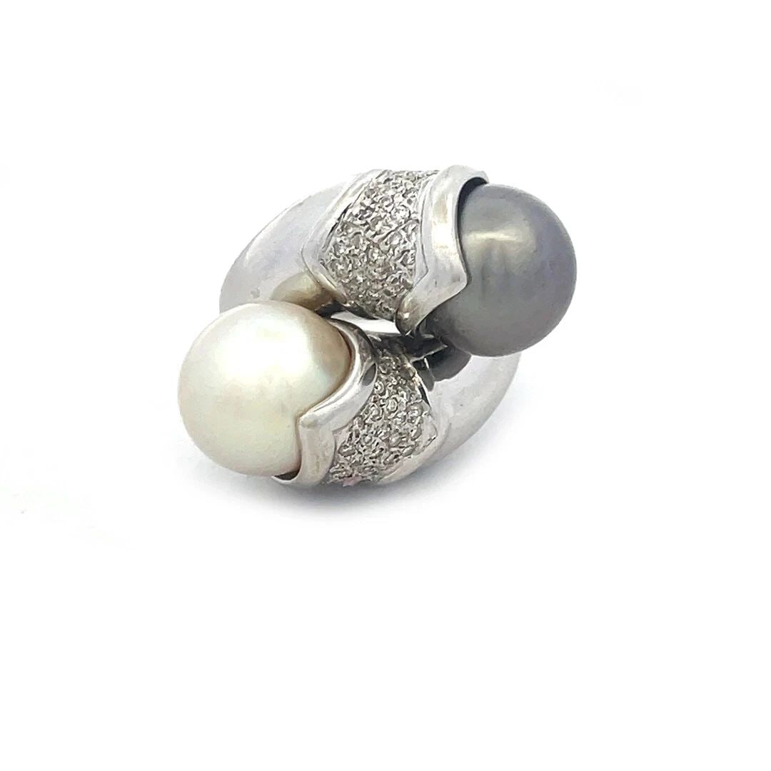 DIAMOND TWIN PEARLS GOLD RING 18K WHITE TAHITIAN BYPASS STYLE (1 of 1)