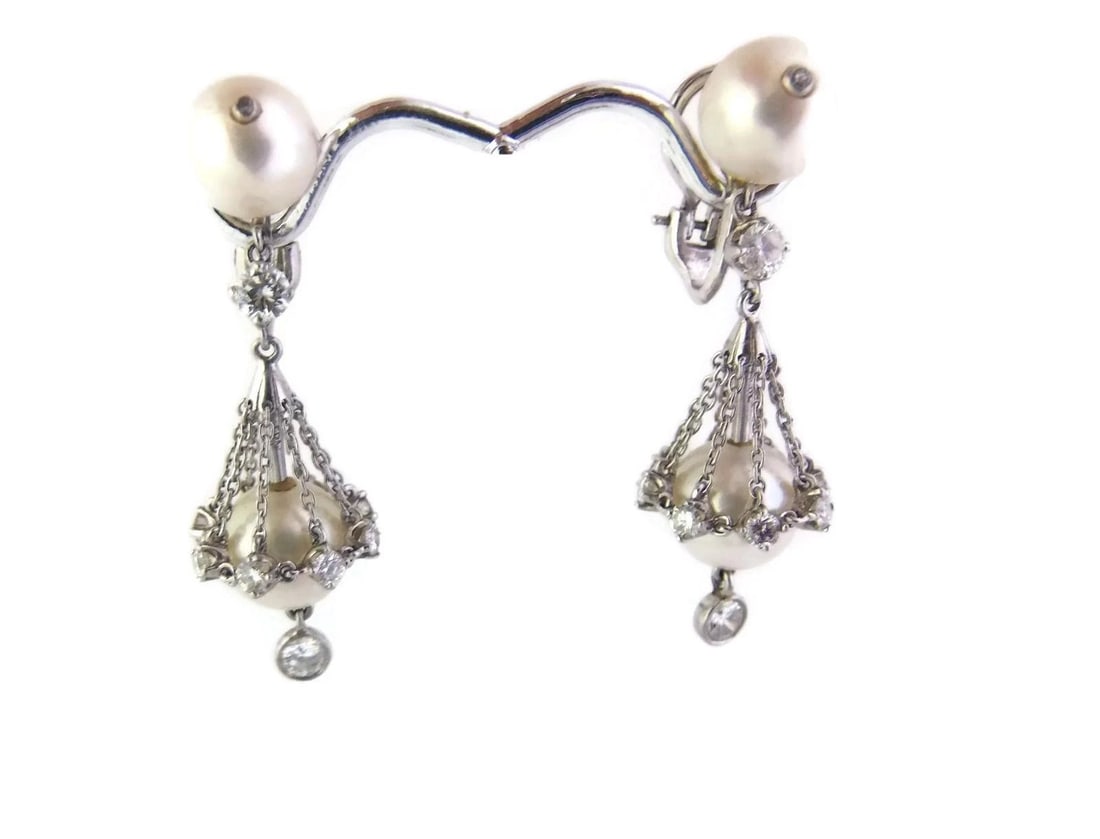 DIAMOND PEARLS GOLD EARRINGS 18KT CHANDELIER DANGLE STYLE (1 of 2)