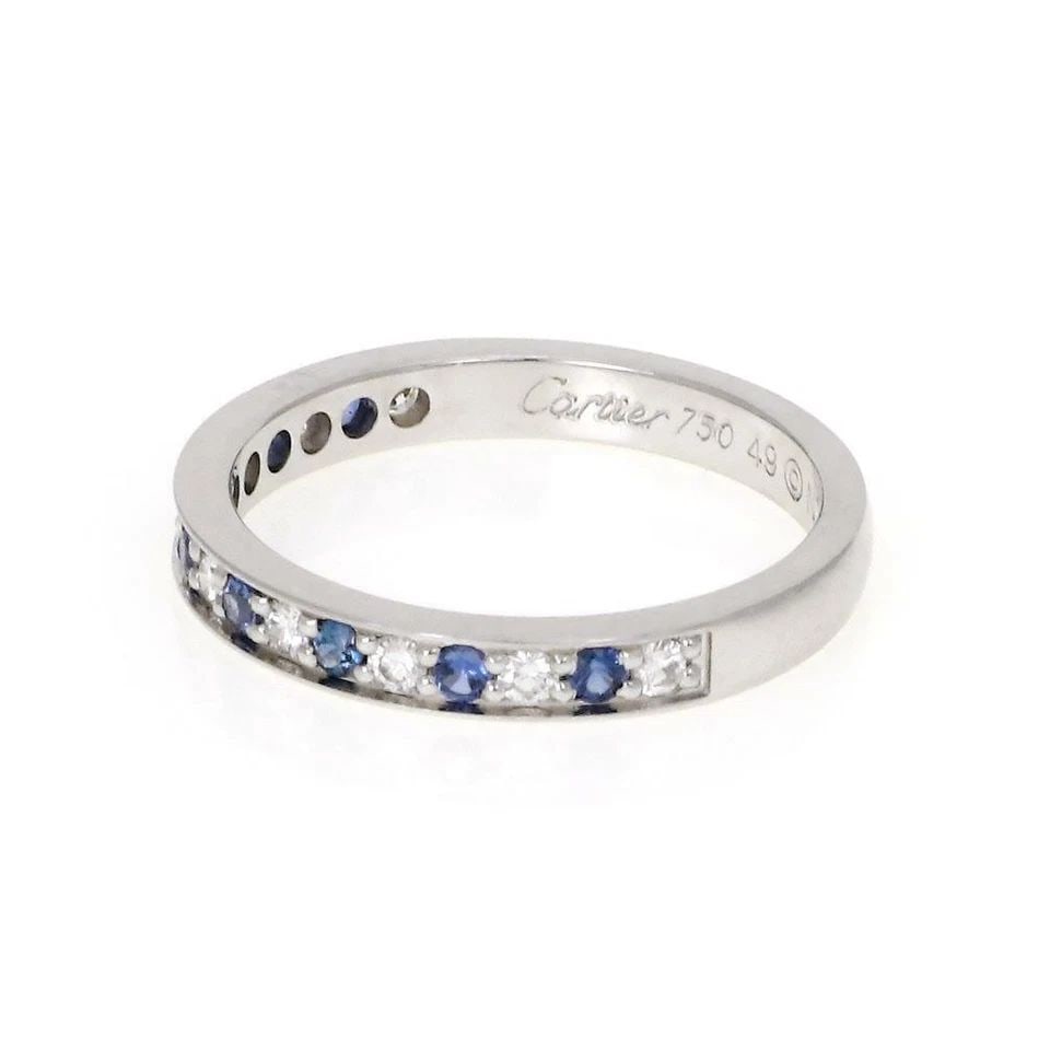 CARTIER SAPPHIRE & DIAMOND RING 18K WHITE GOLD BAND SIZE 49 -US 5 W/CERT: CARTIER SAPPHIRE & DIAMOND RING 18K WHITE GOLD BAND SIZE 49 -US 5 W/CERT CARTIER SAPPHIRE & DIAMOND RING 18K WHITE GOLD BAND SIZE 49 -US 5 W/CERT Cartier Sapphire & Diamond 18k White Gold Band Ring Si