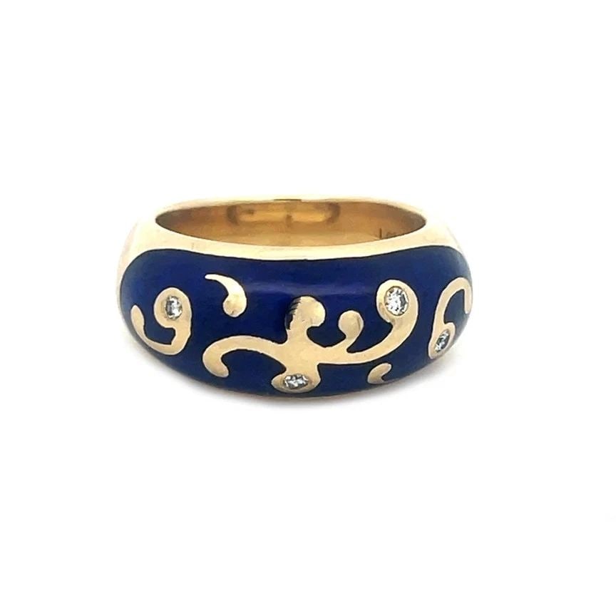 FABERGE DIAMOND GOLD RING 18K YELLOW ENAMEL DOME BAND: FABERGE DIAMOND GOLD RING 18K YELLOW ENAMEL DOME BAND FABERGE DIAMOND GOLD RING 18K YELLOW ENAMEL DOME BAND This lovely Faberge ring is a stunning piece of fine jewelry featuring an 18K yellow gold do