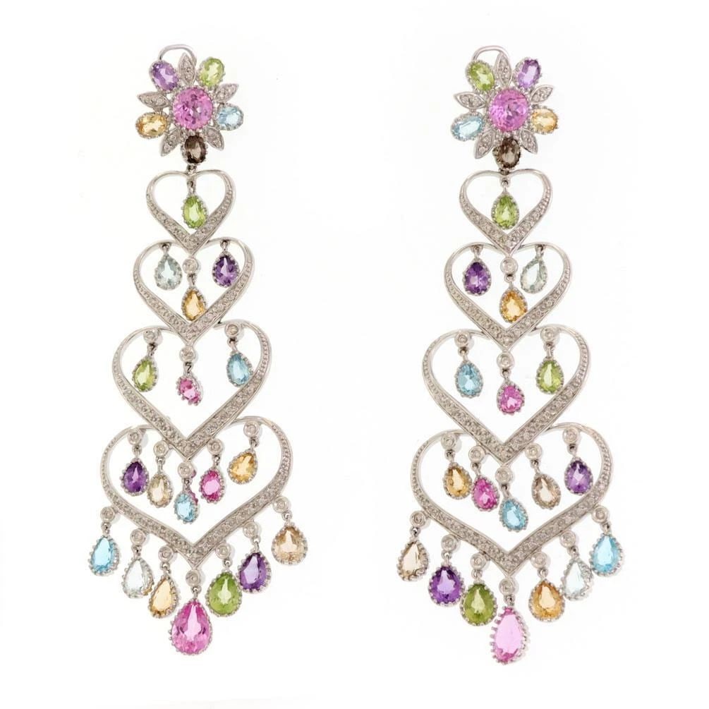 MULTICOLOR SAPPHIRE DIAMOND EARRINGS 14K GOLD HEARTS CHANDELIER STYLE (1 of 2)