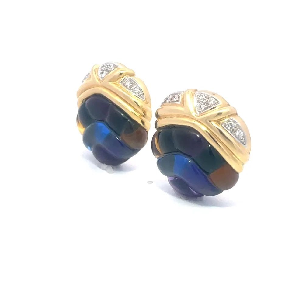 MAYOR'S DIAMOND GOLD EARRINGS 14K YELLOW MULTI-COLOR GEMSTONES VINTAGE: MAYOR'S DIAMOND GOLD EARRINGS 14K YELLOW MULTI-COLOR GEMSTONES VINTAGE MAYOR'S DIAMOND GOLD EARRINGS 14K YELLOW MULTI-COLOR GEMSTONES VINTAGE These lovely vintage pair of earrings feature a beautiful 