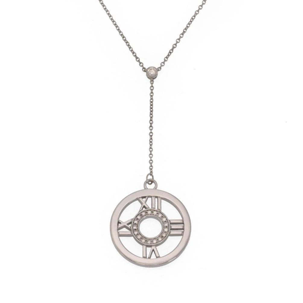 TIFFANY & CO. ATLAS DIAMOND 18K WHITE GOLD ROUND PENDANT LARIAT NECKLACE: TIFFANY & CO. ATLAS DIAMOND 18K WHITE GOLD ROUND PENDANT LARIAT NECKLACE TIFFANY & CO. ATLAS DIAMOND 18K WHITE GOLD ROUND PENDANT LARIAT NECKLACE Tiffany & Co. Atlas Diamond 18k White Gold Round Penda