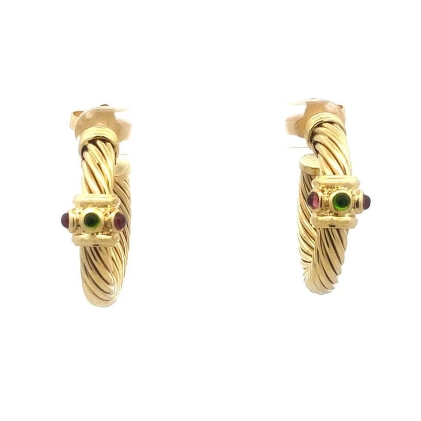 DAVID YURMAN RENAISSANCE GOLD EARRINGS 18K YELLOW GEMSTONE CABLE HOOPS: DAVID YURMAN RENAISSANCE GOLD EARRINGS 18K YELLOW GEMSTONE CABLE HOOPS The David Yurman Renaissance Gold Earrings are stunning 18k yellow gold hoops with butterfly closure, they feature pink and green