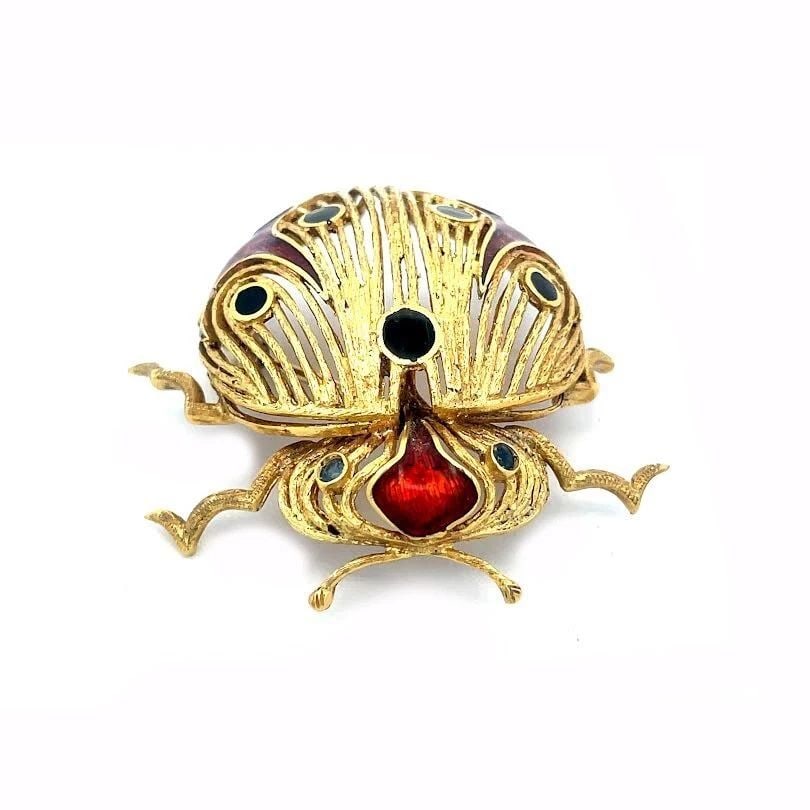 VINTAGE LADY BUG 18K GOLD BROOCH ENAMEL & GEMS OPEN STYLE LARGE PIN (1 of 2)