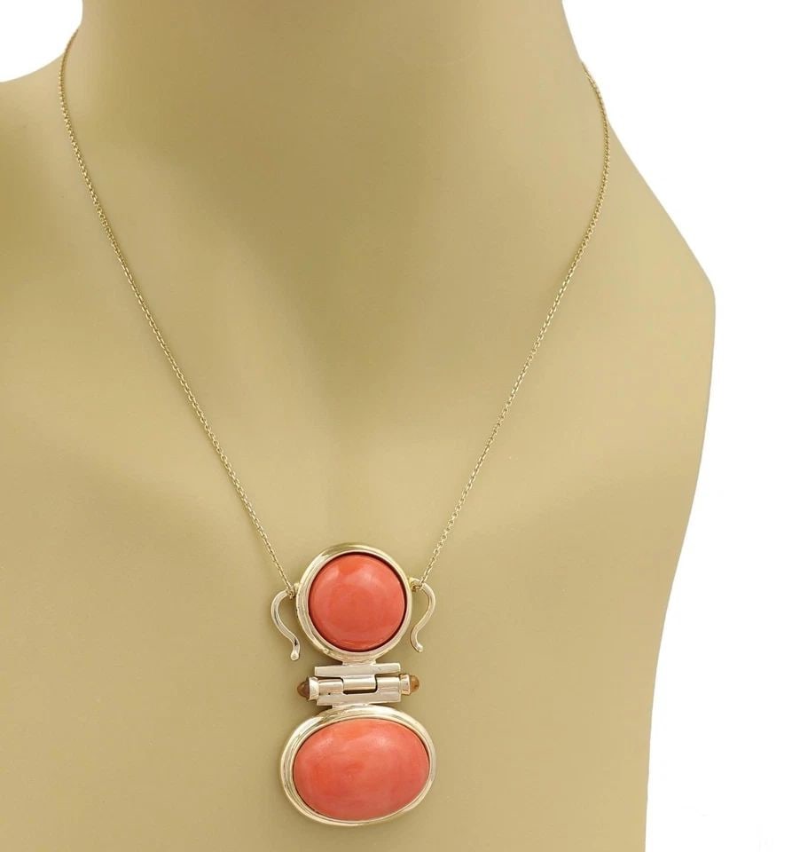 CORAL NECKLACE 14K YELLOW GOLD WITH GEMSTONES PENDANT & CHAIN: CORAL NECKLACE 14K YELLOW GOLD WITH GEMSTONES PENDANT & CHAIN CORAL NECKLACE 14K YELLOW GOLD WITH GEMSTONES PENDANT & CHAIN This 14k Yellow Gold Coral Necklace features a beautiful pendant with a cora