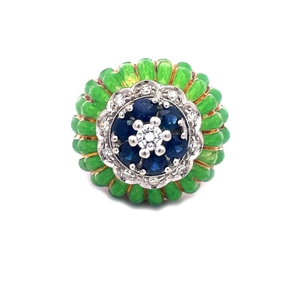SAPPHIRE DIAMOND GOLD VINTAGE HAREM RING 18K YELLOW ENAMEL FLORAL TOP: SAPPHIRE DIAMOND GOLD VINTAGE HAREM RING 18K YELLOW ENAMEL FLORAL TOP SAPPHIRE DIAMOND GOLD VINTAGE HAREM RING 18K YELLOW ENAMEL FLORAL TOP This is a classic beautiful harem ring; it is crafted from 1