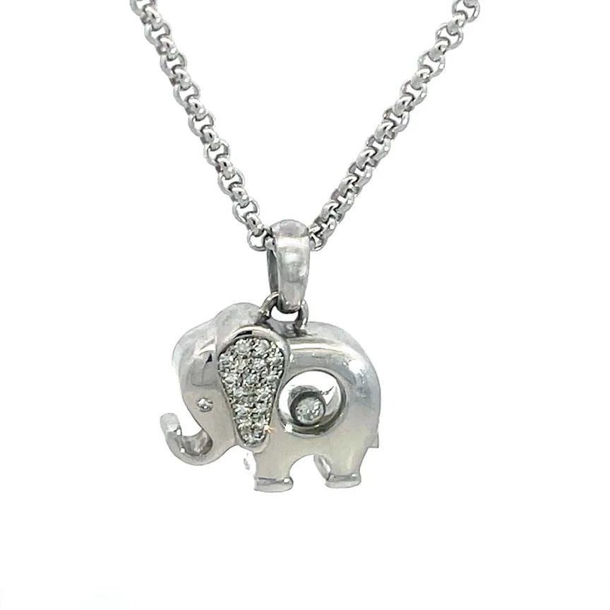 CHOPARD HAPPY DIAMOND GOLD NECKLACE 18K WHITE ELEPHANT PENDANT: CHOPARD HAPPY DIAMOND GOLD NECKLACE 18K WHITE ELEPHANT PENDANT This is an adorable necklace by Chopard from the Happy Diamond Collection. It is a beautiful piece of fine jewelry featuring an elephant 