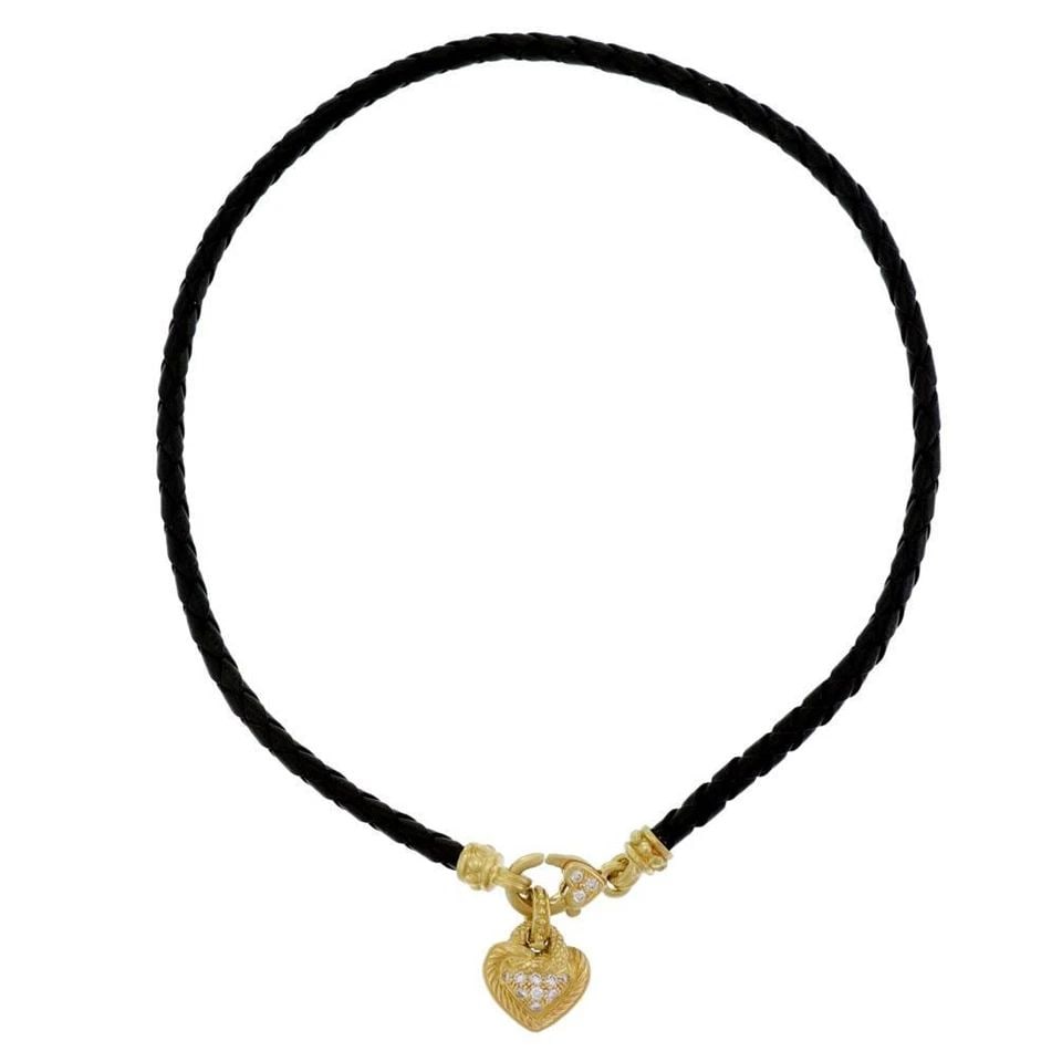 JUDITH RIPKA DIAMOND 18K YELLOW GOLD HEART WOVEN LEATHER CORD NECKLACE: JUDITH RIPKA DIAMOND 18K YELLOW GOLD HEART WOVEN LEATHER CORD NECKLACE JUDITH RIPKA DIAMOND 18K YELLOW GOLD HEART WOVEN LEATHER CORD NECKLACE Judith Ripka Diamond 18k Yellow Gold Heart Woven Leather C