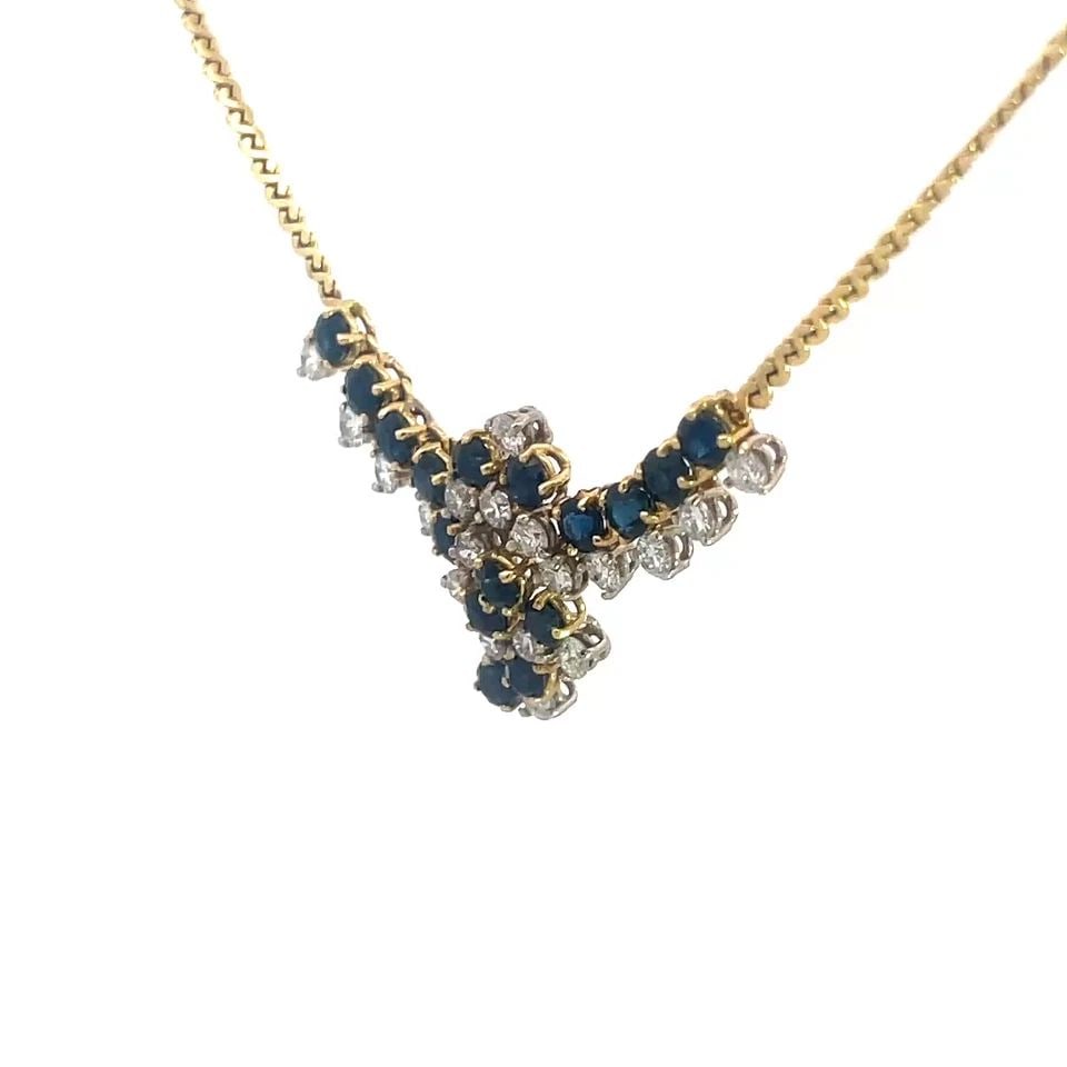 DIAMOND SAPPHIRE GOLD NECKLACE 18K YELLOW CLUSTER FLEX CENTERPIECE: DIAMOND SAPPHIRE GOLD NECKLACE 18K YELLOW CLUSTER FLEX CENTERPIECE DIAMOND SAPPHIRE GOLD NECKLACE 18K YELLOW CLUSTER FLEX CENTERPIECE This is a stunning diamond sapphire gold necklace. It is crafted i