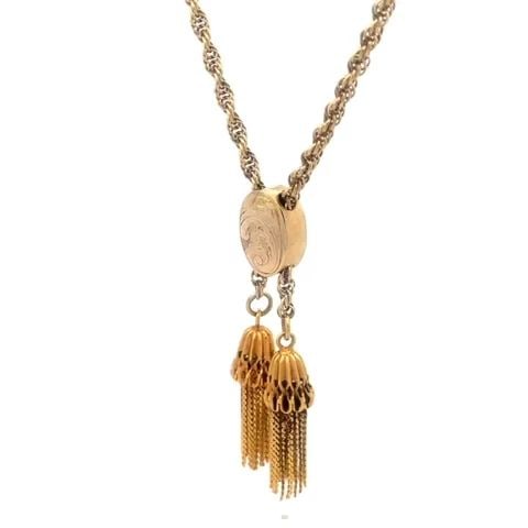 VINTAGE SLIDER LONG TASSEL NECKLACE 14K YELLOW GOLD ROPE CHAIN: VINTAGE SLIDER LONG TASSEL NECKLACE 14K YELLOW GOLD ROPE CHAIN VINTAGE SLIDER LONG TASSEL NECKLACE 14K YELLOW GOLD ROPE CHAIN This is a lovely vintage tassel necklace, it is crafted from 14k yellow go