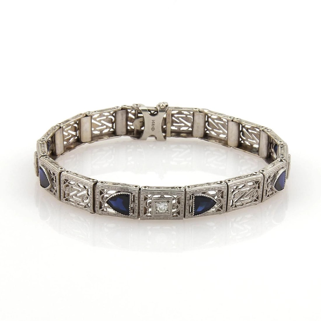 ART DECO DIAMONDS GOLD BRACELET 14K WHITE FILIGREE RECTANGLE LINKS: ART DECO DIAMONDS GOLD BRACELET 14K WHITE FILIGREE RECTANGLE LINKS ART DECO DIAMONDS GOLD BRACELET 14K WHITE FILIGREE RECTANGLE LINKS This Art Deco Diamonds Gold Bracelet features a stunning design wi