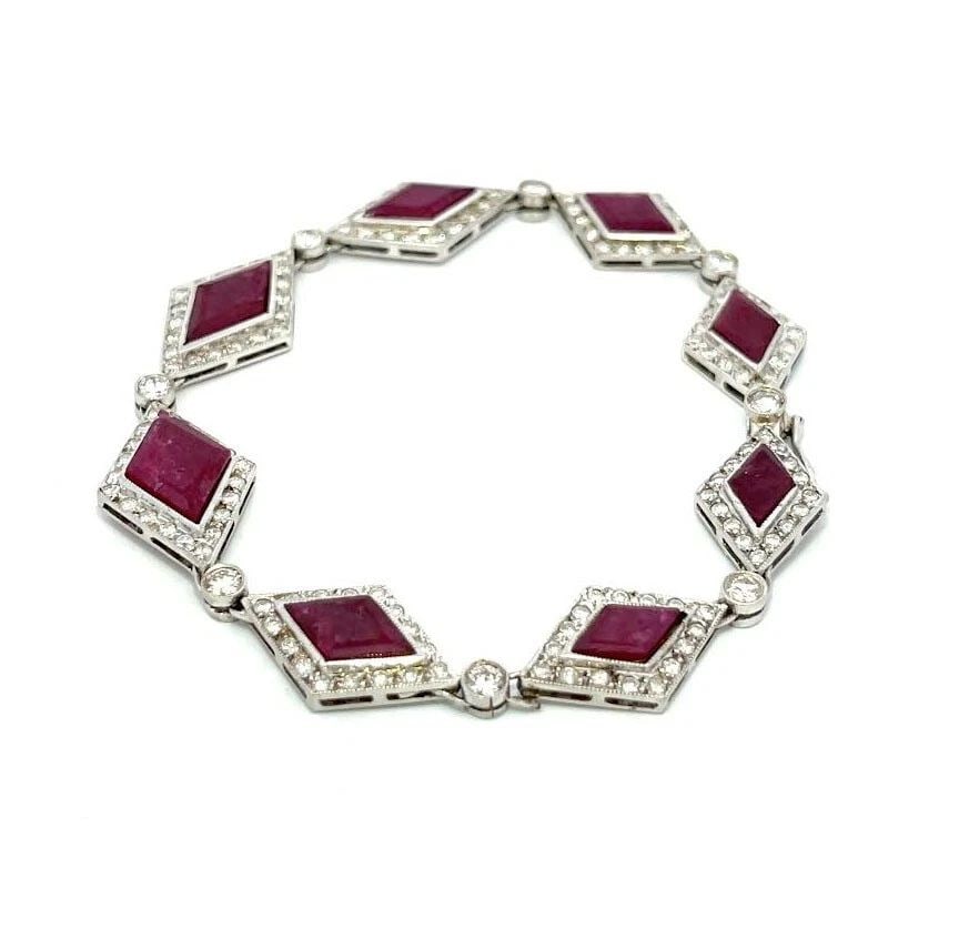 DIAMOND GEMSTONE BRACELET 14K WHITE GOLD RHOMBUS LINK VINTAGE (1 of 2)