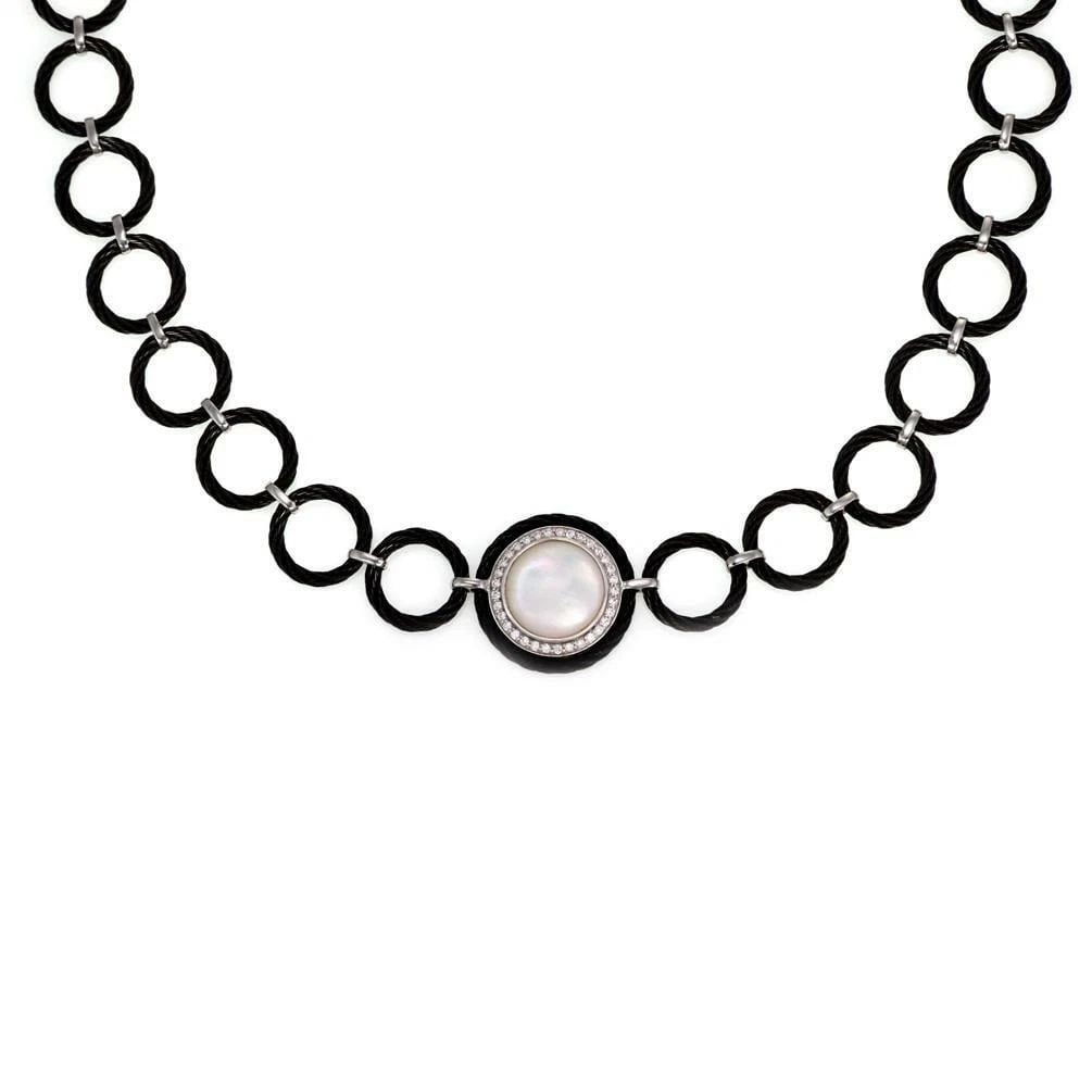 CHARRIOL NECKLACE DIAMOND MOTHER OF PEARL 18K WHITE GOLD STEEL PENDANT: CHARRIOL NECKLACE DIAMOND MOTHER OF PEARL 18K WHITE GOLD STEEL PENDANT CHARRIOL NECKLACE DIAMOND MOTHER OF PEARL 18K WHITE GOLD STEEL PENDANT Charriol Diamond Mother of Pearl 18k White Gold Steel Pend
