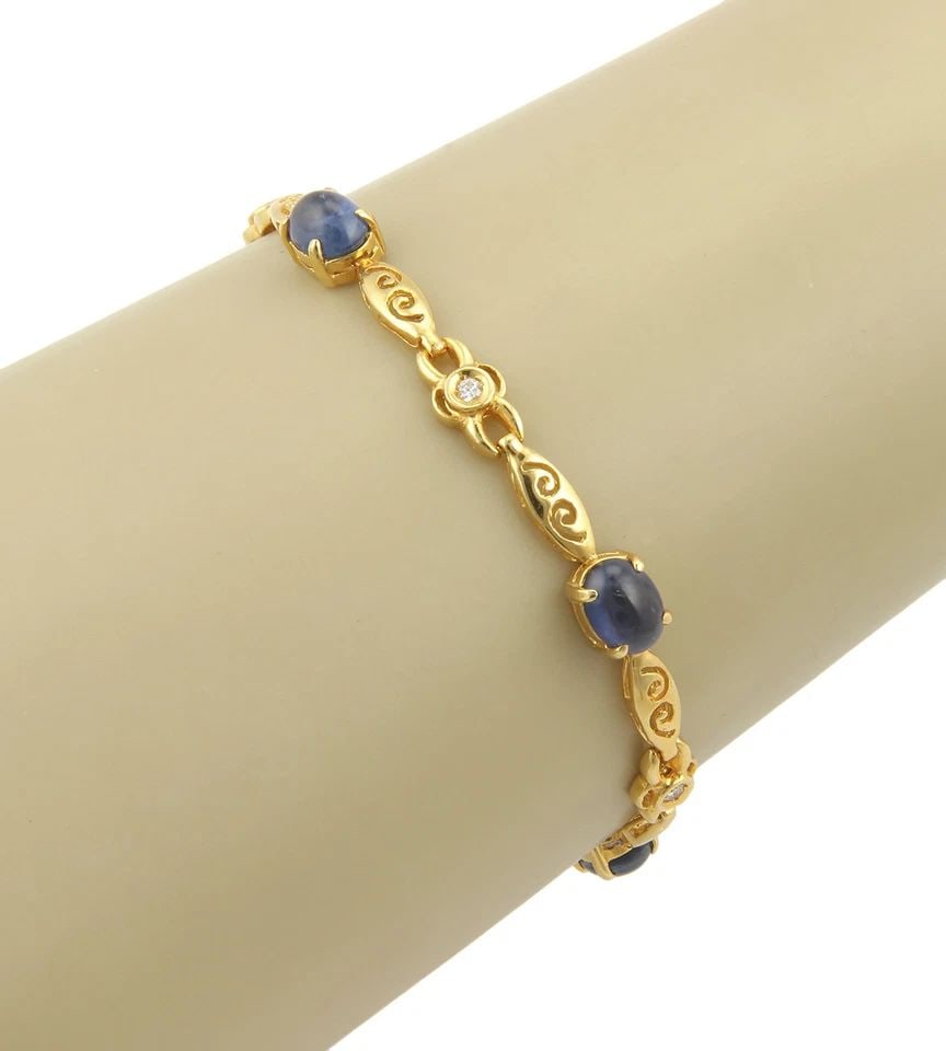 DIAMOND GOLD BRACELET SAPPHIRE 20K YELLOW SCROLL FILIGREE LINKS: DIAMOND GOLD BRACELET SAPPHIRE 20K YELLOW SCROLL FILIGREE LINKS DIAMOND GOLD BRACELET SAPPHIRE 20K YELLOW SCROLL FILIGREE LINKS This fabulous piece is finely crafted from 20k yellow gold. It features