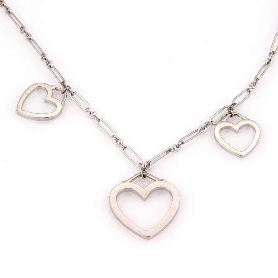 TIFFANY & CO. GOLD HEARTS NECKLACE TRIPLE SENTIMENTAL 18K WHITE: TIFFANY & CO. GOLD HEARTS NECKLACE TRIPLE SENTIMENTAL 18K WHITE TIFFANY & CO. GOLD HEARTS NECKLACE TRIPLE SENTIMENTAL 18K WHITE The Tiffany & Co. Gold Hearts Necklace Triple Sentimental is a beautiful