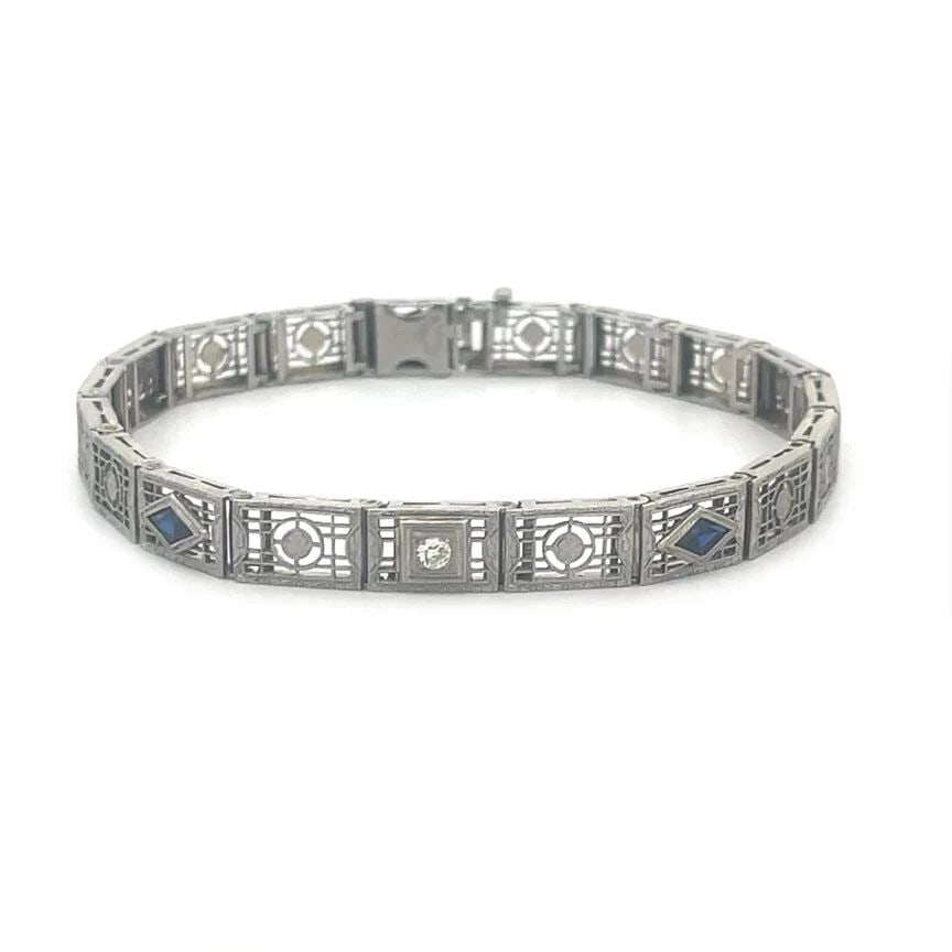 ART DECO DIAMOND PLATINUM BRACELET 14K WHITE GOLD FILIGREE GATE LINK STYLE: ART DECO DIAMOND PLATINUM BRACELET 14K WHITE GOLD FILIGREE GATE LINK STYLE ART DECO DIAMOND PLATINUM BRACELET 14K WHITE GOLD FILIGREE GATE LINK STYLE Adorn your wrist with the elegance of the Art Deco