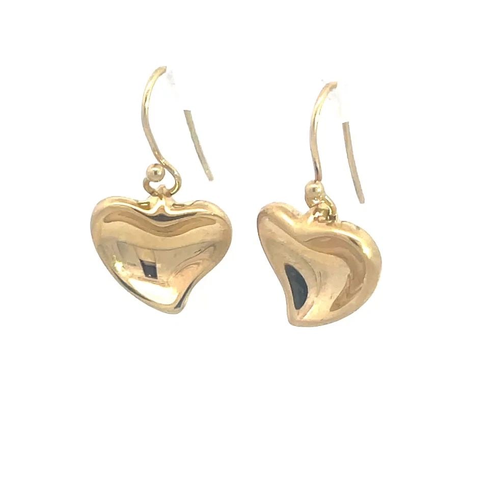 TIFFANY & CO. PERETTI FULL HEART GOLD EARRINGS 18K YELLOW HOOK DANGLE STYL: TIFFANY & CO. PERETTI FULL HEART GOLD EARRINGS 18K YELLOW HOOK DANGLE STYL TIFFANY & CO. PERETTI FULL HEART GOLD EARRINGS 18K YELLOW HOOK DANGLE STYL These lovely dangle earrings are from Tiffany & Co