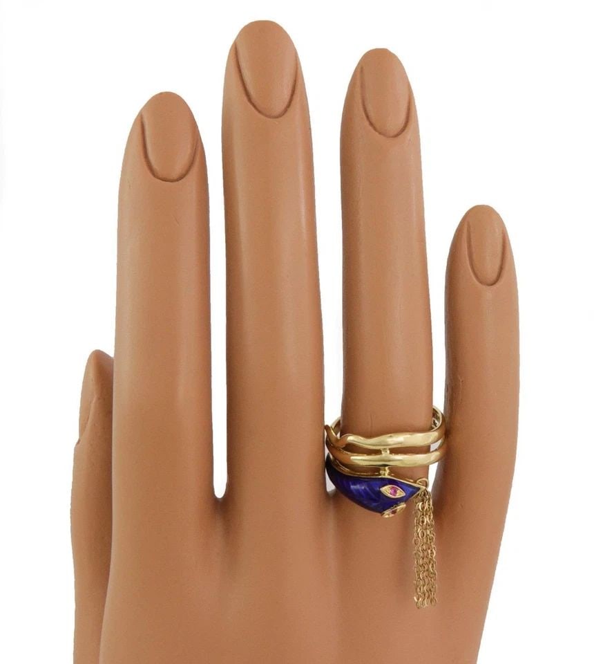 67257 ESTATE RUBY ENAMEL 18K YELLOW GOLD SNAKE BYPASS BAND RING SIZE 7 (1 of 1)