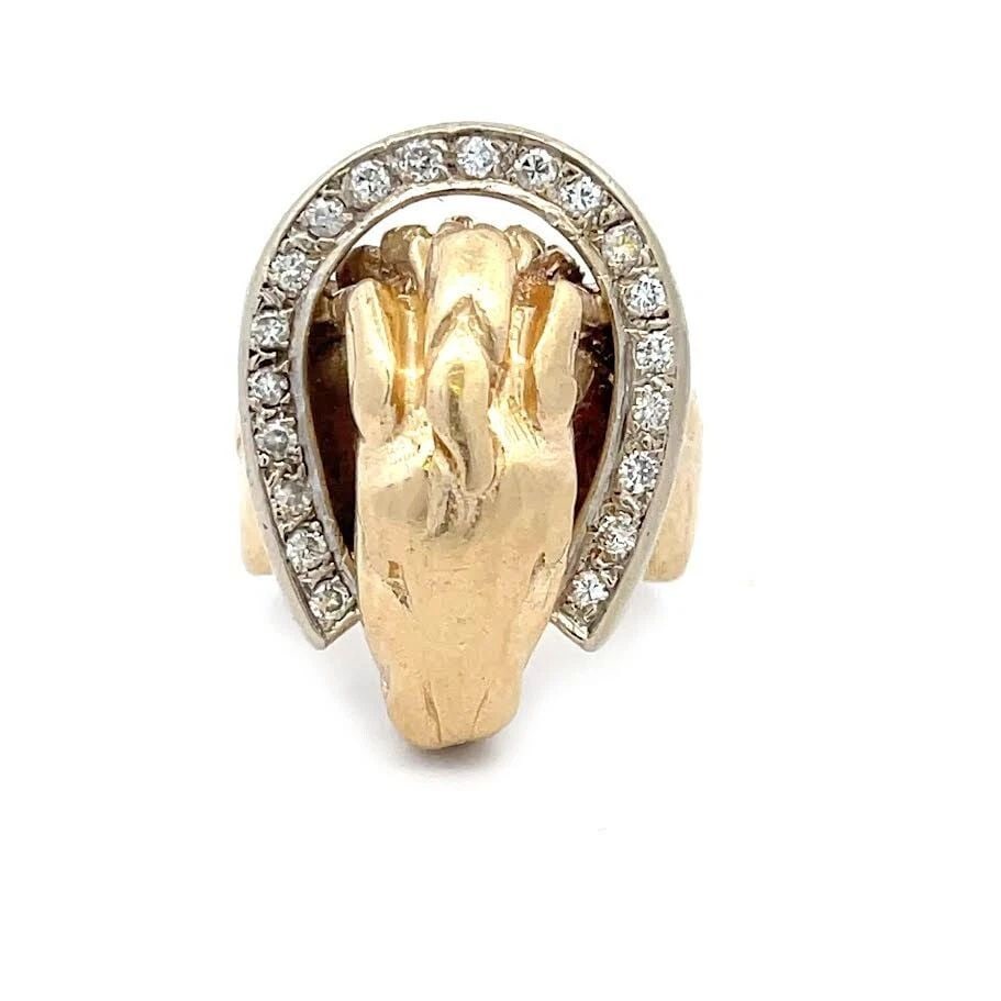HORSESHOE DIAMOND MEN'S RING 14K GOLD 3D EQUESTRIAN: HORSESHOE DIAMOND MEN'S RING 14K GOLD 3D EQUESTRIAN HORSESHOE DIAMOND MEN'S RING 14K GOLD 3D EQUESTRIAN This good luck ring is crafted from 14k yellow and white gold featuring a horse head with the wh