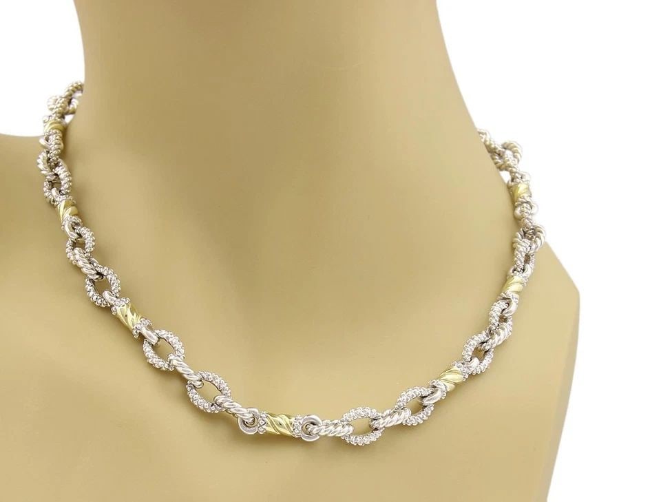 JUDITH RIPKA NECKLACE 18K YELLOW GOLD & STERLING SILVER TEXTURED FANCY LINK: JUDITH RIPKA NECKLACE 18K YELLOW GOLD & STERLING SILVER TEXTURED FANCY LINK JUDITH RIPKA NECKLACE 18K YELLOW GOLD & STERLING SILVER TEXTURED FANCY LINK Judith Ripka Sterling Silver & 18k Yellow Gold T